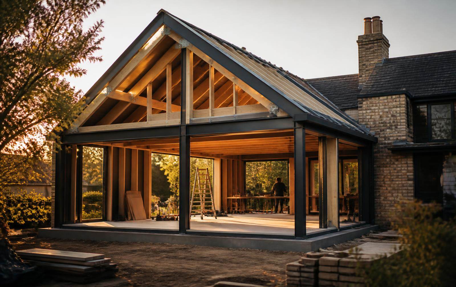 Residential rear extension under construction at golden hour